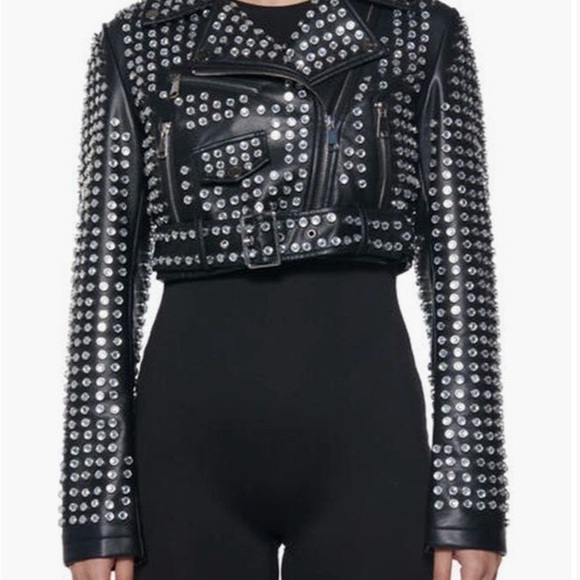 Azalea Wang Jackets & Blazers - Black Studded Leather Cropped Moto Jacket
